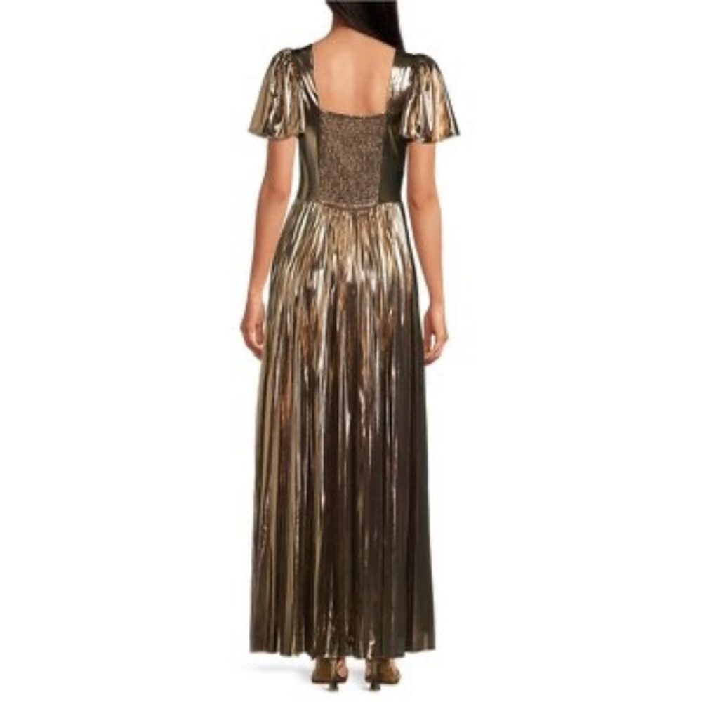 Skies Are Blue Metallic Bronze Twist-Front Pleated Maxi Dress - Picture 2 of 12